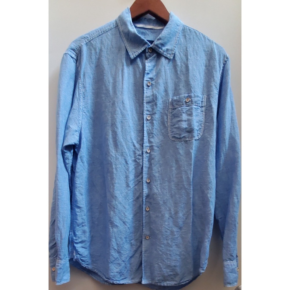 Tommy Bahama Shirt M Linen Lyocell Blend Blue Wht Plaid Logo Buttons Long Sleeve